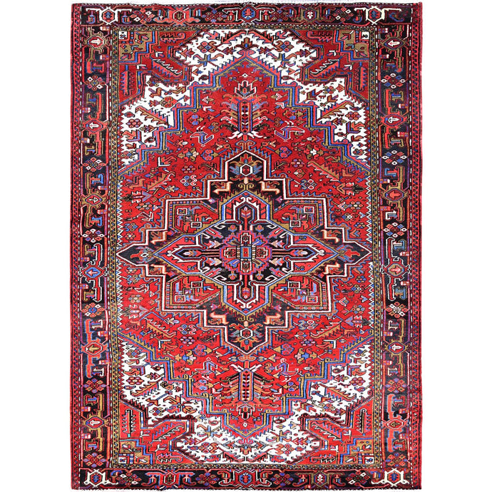 8'x11' Sox Red, Vintage and Semi Antique Persian Heriz With Geometric Pattern, Good Condition, Even Wear, Organic Wool, Hand Knotted, Sides and Ends Professionally Secured, Cleaned, Oriental Rug FWR515568