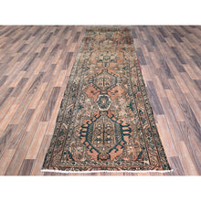 Load image into Gallery viewer, 3&#39;2&quot;x10&#39;9&quot; Fenugreek with Beaver Brown, Abrash Vintage Persian with Karajeh and Medallion Design, Clean, Hand Knotted Organic Wool, Distressed Excellent Condition Runner, Oriental Rug FWR515670