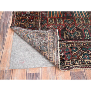 3'7"x9' French Roast Brown, Evenly Worn Distressed Vintage Persian and Baluch Village Design, Cropped Thin Excellent Condition, Soft and Shiny Wool, Hand Knotted, Sides and Ends Professionally Secured, Cleaned, Oriental Wide Runner Rug FWR515676