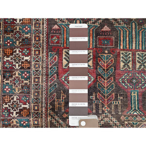 3'7"x9' French Roast Brown, Evenly Worn Distressed Vintage Persian and Baluch Village Design, Cropped Thin Excellent Condition, Soft and Shiny Wool, Hand Knotted, Sides and Ends Professionally Secured, Cleaned, Oriental Wide Runner Rug FWR515676