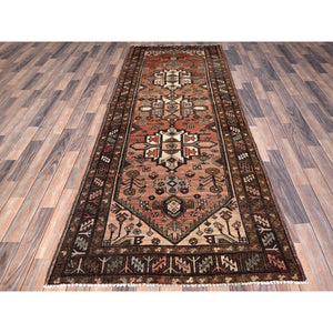 3'7"x9'6" Sashay Red, Professionally Cleaned, Sides And Ends Secured, Old Persian Hamadan Hand Knotted Wide Runner  With Good Condition, Cropped Thin, Natural Wool Oriental Rug FWR515736