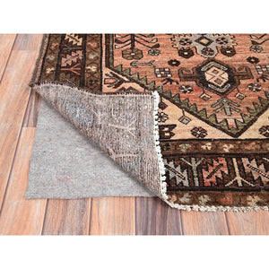 3'7"x9'6" Sashay Red, Professionally Cleaned, Sides and Ends Secured, Old Persian Hamadan Hand Knotted Wide Runner With Good Condition, Cropped Thin, Natural Wool Oriental Rug FWR515736