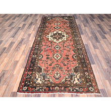 Load image into Gallery viewer, 3&#39;7&quot;x9&#39;2&quot; Dusted Clay Pink, Abrash Vintage Persian Hamadan Cropped Thin, Hand Knotted Soft Wool, Cleaned, Sides and Ends Secured, Wide Runner Oriental Evenly Worn Rug FWR515820