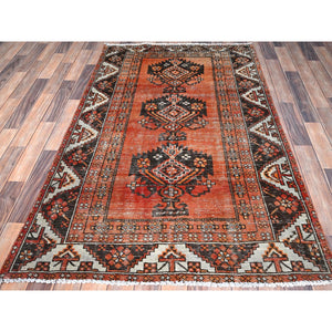 4'x6'8" Bombay Brown, Old Abrash Persian Baluch Village Design, Hand Knotted Evenly Worn, Distressed and Sheared Low, Cleaned, Sides and Ends Secured, 100% Wool Wide Runner Oriental Rug FWR515850