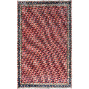 4'1"x6'7" Crimson Red, Vintage Persian Senneh Soft Wool Distressed Look Full Pile With All Over Botteh Paisely Designed and Good Condition Hand Knotted Evenly Worn, Sheared Low Wide Runner Oriental Rug FWR515856