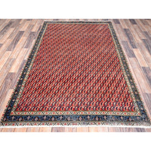 Load image into Gallery viewer, 4&#39;1&quot;x6&#39;7&quot; Crimson Red, Vintage Persian Senneh Soft Wool Distressed Look Full Pile With All Over Botteh Paisely Designed and Good Condition Hand Knotted Evenly Worn, Sheared Low Wide Runner Oriental Rug FWR515856