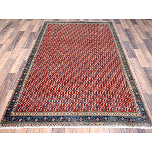 4'1"x6'7" Crimson Red, Vintage Persian Senneh Soft Wool Distressed Look Full Pile With All Over Botteh Paisely Designed and Good Condition Hand Knotted Evenly Worn, Sheared Low Wide Runner Oriental Rug FWR515856