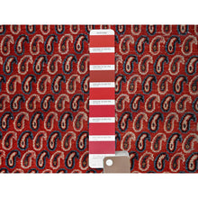 Load image into Gallery viewer, 4&#39;1&quot;x6&#39;7&quot; Crimson Red, Vintage Persian Senneh Soft Wool Distressed Look Full Pile With All Over Botteh Paisely Designed and Good Condition Hand Knotted Evenly Worn, Sheared Low Wide Runner Oriental Rug FWR515856