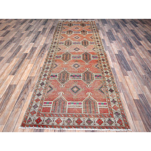 3'6"x10' Pastry Shell Brown, Old Geometric Persian Hamadan, Hand Knotted Sheared Low, Evenly Worn, Wool Hand Knotted, Sides and Ends Professionally Secured, Cleaned, Oriental Rug FWR515868