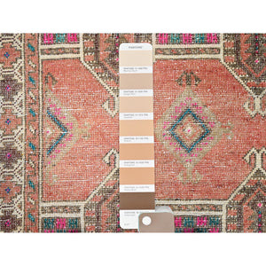 3'6"x10' Pastry Shell Brown, Old Geometric Persian Hamadan, Hand Knotted Sheared Low, Evenly Worn, Wool Hand Knotted, Sides and Ends Professionally Secured, Cleaned, Oriental Rug FWR515868