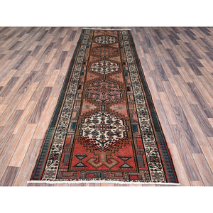 3'5"x10'2" Pastry Shell Brown, Evenly Worn Sheared Low Distressed, Semi Antique North West Persian, Hand Knotted, Organic Wool, Sides and Ends Professionally Secured, Cleaned, Wide and Long Runner, Oriental Rug FWR515928