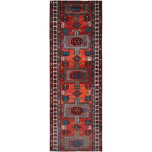 3'5"x9'8" Sunset Dragon Fire Orange, Semi Antique Persian Heriz, Cleaned, Sides and Ends Professionally Secured, Good Condition, Hand Knotted Distressed Natural Wool Wide and Long Runner Oriental Rug FWR515934