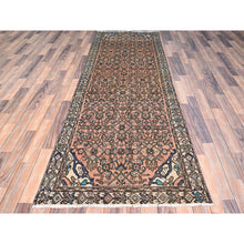 Load image into Gallery viewer, 3&#39;2&quot;x9&#39;3&quot; Maple Sugar Brown, Sides and Ends Professionally Secured, Cleaned, Distressed Look, Evenly Worn, Old Persian Hussainabad with Small Repetitive Pattern, Good Condition, Vibrant Wool Wide and Long Runner Hand Knotted Oriental Rug FWR515940