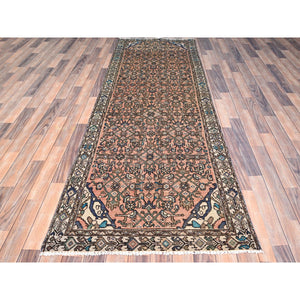 3'2"x9'3" Maple Sugar Brown, Sides and Ends Professionally Secured, Cleaned, Distressed Look, Evenly Worn, Old Persian Hussainabad with Small Repetitive Pattern, Good Condition, Vibrant Wool Wide and Long Runner Hand Knotted Oriental Rug FWR515940