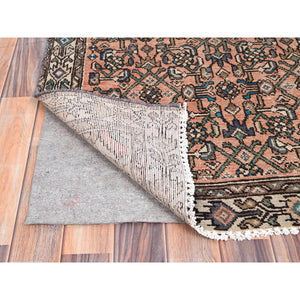 3'2"x9'3" Maple Sugar Brown, Sides and Ends Professionally Secured, Cleaned, Distressed Look, Evenly Worn, Old Persian Hussainabad with Small Repetitive Pattern, Good Condition, Vibrant Wool Wide and Long Runner Hand Knotted Oriental Rug FWR515940