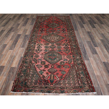 Load image into Gallery viewer, 3&#39;7&quot;x8&#39;6&quot; Blush Red, Vintage Persian Shiraz with Geometric Medallion Design, Distinct Abrash, Worn and Distressed, Shaved Down, Zero Pile, Sides and Ends Professionally Secured, Clean, Hand Knotted, 100% Wool, Wide Runner, Oriental Rug FWR5154