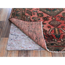 Load image into Gallery viewer, 3&#39;7&quot;x8&#39;6&quot; Blush Red, Vintage Persian Shiraz with Geometric Medallion Design, Distinct Abrash, Worn and Distressed, Shaved Down, Zero Pile, Sides and Ends Professionally Secured, Clean, Hand Knotted, 100% Wool, Wide Runner, Oriental Rug FWR5154