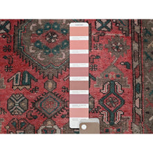 Load image into Gallery viewer, 3&#39;7&quot;x8&#39;6&quot; Blush Red, Vintage Persian Shiraz With Geometric Medallion Design, Distinct Abrash, Worn And Distressed, Shaved Down, Zero Pile, Sides And Ends Professionally Secured, Clean, Hand Knotted, 100% Wool, Wide Runner, Oriental Rug FWR5154