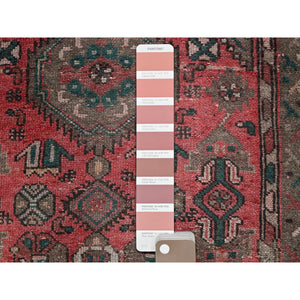 3'7"x8'6" Blush Red, Vintage Persian Shiraz with Geometric Medallion Design, Distinct Abrash, Worn and Distressed, Shaved Down, Zero Pile, Sides and Ends Professionally Secured, Clean, Hand Knotted, 100% Wool, Wide Runner, Oriental Rug FWR5154