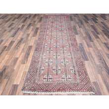 Load image into Gallery viewer, 3&#39;2&quot;x10&#39;9&quot; Fruit Dove Pink, Sheared Low, Hand Knotted Semi Antique Persian Baluch Village Design, Abrash, Evenly Worn, Distressed and Professionally Cleaned, Sides and Ends Secured, Soft Wool Cropped Thin, Wide and Long Runner Oriental Rug FWR516042