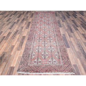 3'2"x10'9" Fruit Dove Pink, Sheared Low, Hand Knotted Semi Antique Persian Baluch Village Design, Abrash, Evenly Worn, Distressed and Professionally Cleaned, Sides and Ends Secured, Soft Wool Cropped Thin, Wide and Long Runner Oriental Rug FWR516042