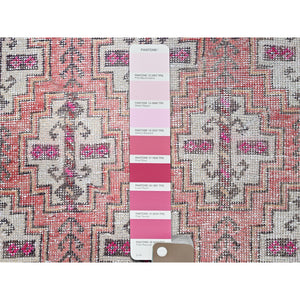 3'2"x10'9" Fruit Dove Pink, Sheared Low, Hand Knotted Semi Antique Persian Baluch Village Design, Abrash, Evenly Worn, Distressed and Professionally Cleaned, Sides and Ends Secured, Soft Wool Cropped Thin, Wide and Long Runner Oriental Rug FWR516042