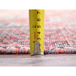 3'2"x10'9" Fruit Dove Pink, Sheared Low, Hand Knotted Semi Antique Persian Baluch Village Design, Abrash, Evenly Worn, Distressed and Professionally Cleaned, Sides and Ends Secured, Soft Wool Cropped Thin, Wide and Long Runner Oriental Rug FWR516042