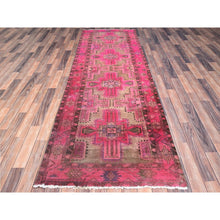 Load image into Gallery viewer, 3&#39;4&quot;x9&#39;8&quot; Raspberry Wine Pink, Overdyed Old Northwest Persian, Hand Knotted Distressed Look and Evenly Worn, Sides and Ends Secured, Professionally Cleaned, Sheared Low, Cropped Thin, All Wool Wide Runner Oriental Rug FWR516108
