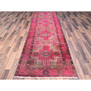 3'4"x9'8" Raspberry Wine Pink, Overdyed Old Northwest Persian, Hand Knotted Distressed Look and Evenly Worn, Sides and Ends Secured, Professionally Cleaned, Sheared Low, Cropped Thin, All Wool Wide Runner Oriental Rug FWR516108