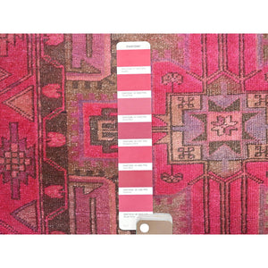 3'4"x9'8" Raspberry Wine Pink, Overdyed Old Northwest Persian, Hand Knotted Distressed Look and Evenly Worn, Sides and Ends Secured, Professionally Cleaned, Sheared Low, Cropped Thin, All Wool Wide Runner Oriental Rug FWR516108