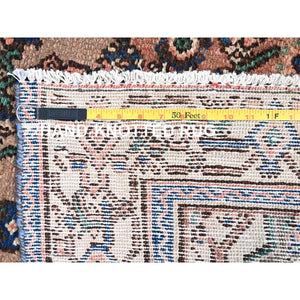 3'4"x10'3" Walnut Brown, Northwest Persian Wide Runner with Small Bird Figurines, Abrash, Hand Knotted, Pure Wool, Sheared Low, Distressed Look Oriental Rug FWR489942