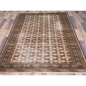 4'5"x6'3" Desert Sand Orange, Vintage Persian Tourkaman With Repetitive All Over Design, Hand Knotted Abrash Distressed Evenly Worn Organic Wool, Cropped Thin Oriental Rug FWR516300