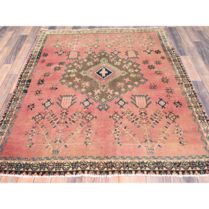 4'10"x5'10" Crepe Pink And Bisque Beige, Old Persian Hamadan, Excellent Condition And Sheared Low, Evenly Worn 100% Wool, Hand Knotted Distressed Look Sides And Ends Professionally Secured, Cleaned, Oriental Rug FWR516312
