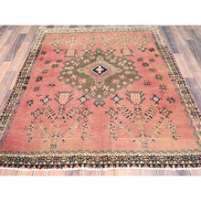Load image into Gallery viewer, 4&#39;10&quot;x5&#39;10&quot; Crepe Pink and Bisque Beige, Old Persian Hamadan, Excellent Condition and Sheared Low, Evenly Worn 100% Wool, Hand Knotted Distressed Look Sides and Ends Professionally Secured, Cleaned, Oriental Rug FWR516312