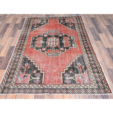 Load image into Gallery viewer, 3&#39;10&quot;x6&#39; Coral Red, Vintage Persian Heriz with Leaf Design Medallion, Hand Knotted, Pure Wool, Distressed, Worn Down, Oriental Rug FWR516330