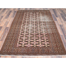 Load image into Gallery viewer, 4&#39;4&quot;x6&#39;1&quot; Spanish Villa Pink, Sheared Low and Distressed With Small Repetitive Design, Pure Wool Hand Knotted Worn Vintage Persian Tourkaman, Great Condition, Cleaned, Oriental Rug FWR516342