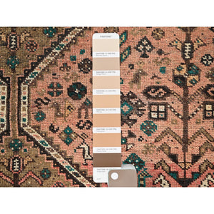 4'x6'1" Acorn Brown, Old Persian Shiraz with Small Animal Figurines and Distinct Abrash, Evenly Worn Pure Wool, Sides and Ends Secured, Professionally Cleaned, Distressed Look, Sheared Low, Oriental Rug FWR516402