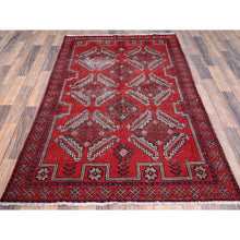 Load image into Gallery viewer, 4&#39;x6&#39;5&quot; Tomato Red, Hand Knotted 100% Wool Vintage Persian Baluch, Abrash, Evenly Worn Sheared Low, Distressed And Sides And Ends Secured, Professionally Cleaned, Cropped Thin, Oriental Rug FWR516408