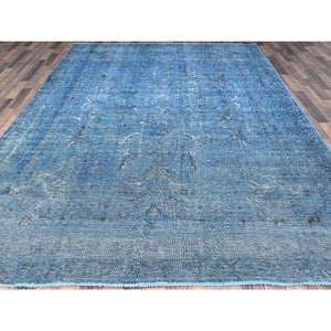 8'1"x11'2" Gibraltar Sea Blue, Cropped Thin Overdyed Vintage Persian Tabriz, Even Wear, Sides and Ends Professionally Secured, Cleaned, Sheared Low, Hand Knotted Good Condition 100% Wool Oriental Rug FWR516648