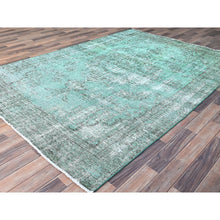 Load image into Gallery viewer, 6&#39;1&quot;x9&#39; Peacock Green, Organic Wool Hand Knotted Overdyed Old Persian Tabriz, Worn Down, Good Condition, Distressed Look And Sheared Low, Sides And Ends Professionally Cleaned And Secured, Cropped Thin Oriental Rug FWR516654