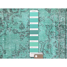 Load image into Gallery viewer, 6&#39;1&quot;x9&#39; Peacock Green, Organic Wool Hand Knotted Overdyed Old Persian Tabriz, Worn Down, Good Condition, Distressed Look And Sheared Low, Sides And Ends Professionally Cleaned And Secured, Cropped Thin Oriental Rug FWR516654