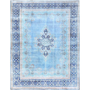 10'x12'9" Winter Sky With Bayern Blue, Hand Knotted Shiny Wool, Sides and Ends Professionally Secured, Cleaned, Semi Antique Persian Kerman, Excellent Condition, Worn Down, Sheared Low, Cropped Thin, Distressed Feel Oriental Rug FWR516666