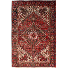 Load image into Gallery viewer, 7&#39;10&quot;x11&#39;10&quot; Bills Red and Pitch Black, Semi Antique Vintage Heriz Persian With Geometric Flower Design, Sides and Ends Professionally Secured cleaned Hand Knotted Organic Wool Oriental Rug FWR516720