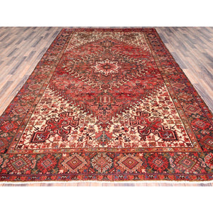 7'10"x11'10" Bills Red and Pitch Black, Semi Antique Vintage Heriz Persian With Geometric Flower Design, Sides and Ends Professionally Secured cleaned Hand Knotted Organic Wool Oriental Rug FWR516720