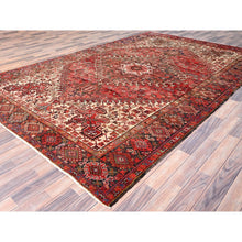 Load image into Gallery viewer, 7&#39;10&quot;x11&#39;10&quot; Bills Red And Pitch Black, Semi Antique Vintage Heriz Persian With Geometric Flower Design, Sides And Ends Professionally Secured Cleaned Hand Knotted Organic Wool Oriental Rug FWR516720
