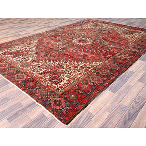 7'10"x11'10" Bills Red and Pitch Black, Semi Antique Vintage Heriz Persian With Geometric Flower Design, Sides and Ends Professionally Secured cleaned Hand Knotted Organic Wool Oriental Rug FWR516720