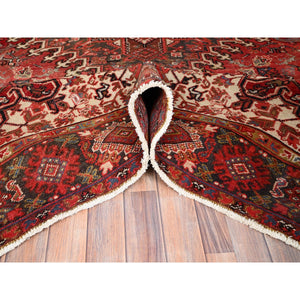 7'10"x11'10" Bills Red and Pitch Black, Semi Antique Vintage Heriz Persian With Geometric Flower Design, Sides and Ends Professionally Secured cleaned Hand Knotted Organic Wool Oriental Rug FWR516720