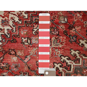 7'10"x11'10" Bills Red and Pitch Black, Semi Antique Vintage Heriz Persian With Geometric Flower Design, Sides and Ends Professionally Secured cleaned Hand Knotted Organic Wool Oriental Rug FWR516720