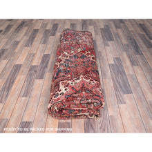 Load image into Gallery viewer, 7&#39;10&quot;x11&#39;10&quot; Bills Red And Pitch Black, Semi Antique Vintage Heriz Persian With Geometric Flower Design, Sides And Ends Professionally Secured Cleaned Hand Knotted Organic Wool Oriental Rug FWR516720