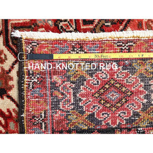 7'10"x11'10" Bills Red and Pitch Black, Semi Antique Vintage Heriz Persian With Geometric Flower Design, Sides and Ends Professionally Secured cleaned Hand Knotted Organic Wool Oriental Rug FWR516720